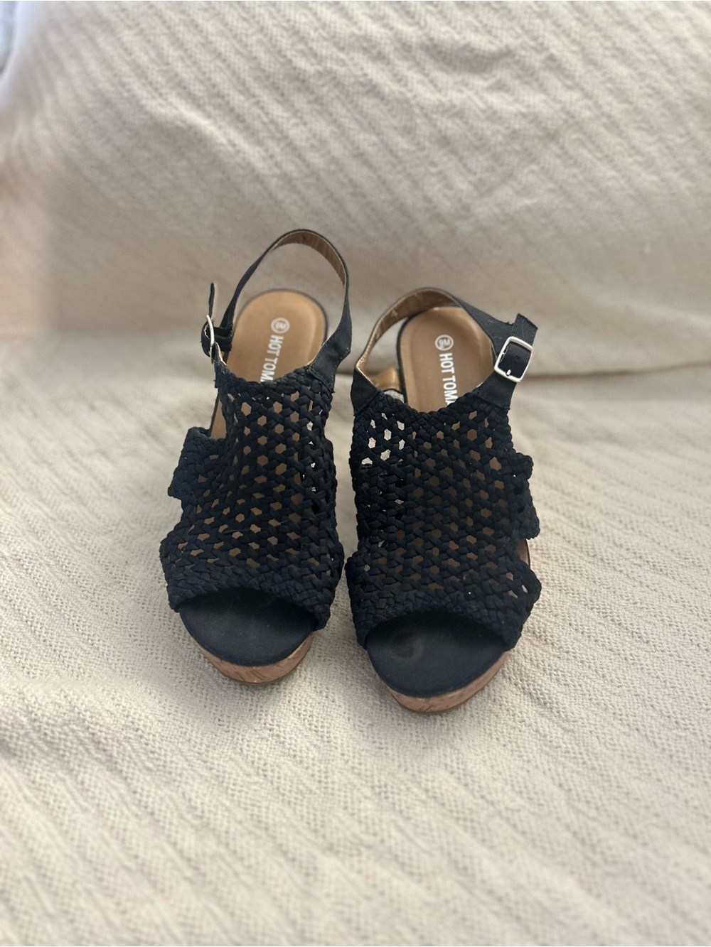 Hot Tomato Black Woven Slingback Wedge Sandals with Buckle
